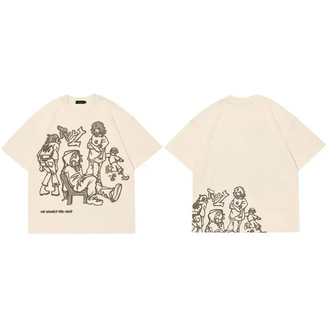 Harajuku Girl Cat Beige T-Shirt Front and Back