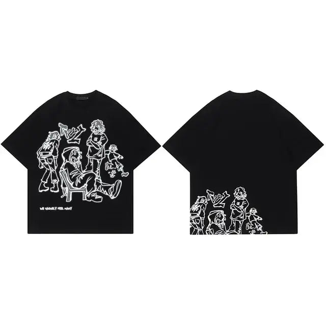 Harajuku Girl Cat Black T-Shirt Front and Back